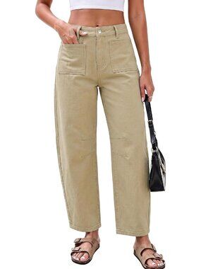 Women's Khaki High Waisted Patch Pocket Baggy Stretch Wide Leg Denim Pant